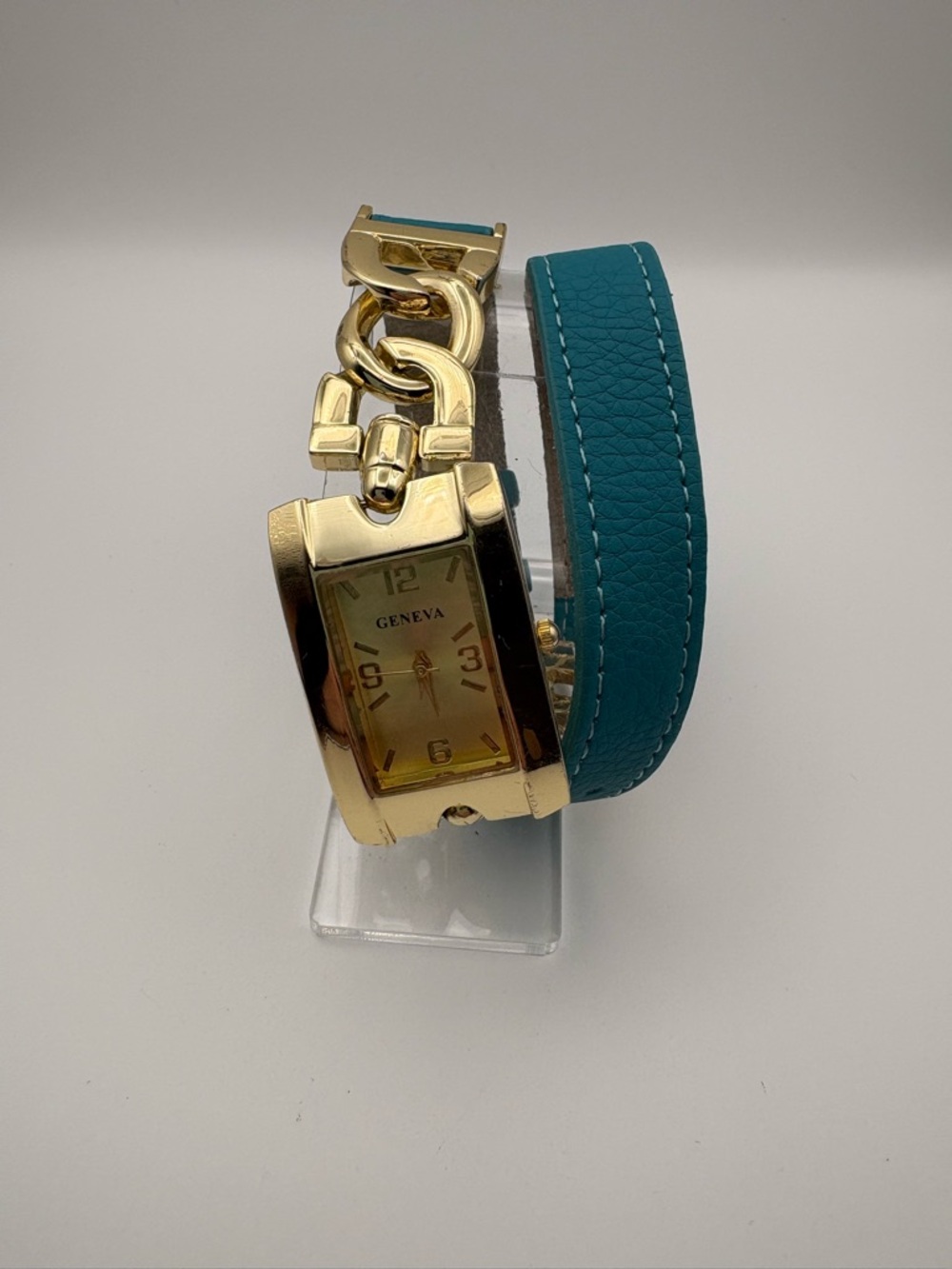 Geneva Gold Case Rectangle Dial Teal Wrap Bracelet Watch